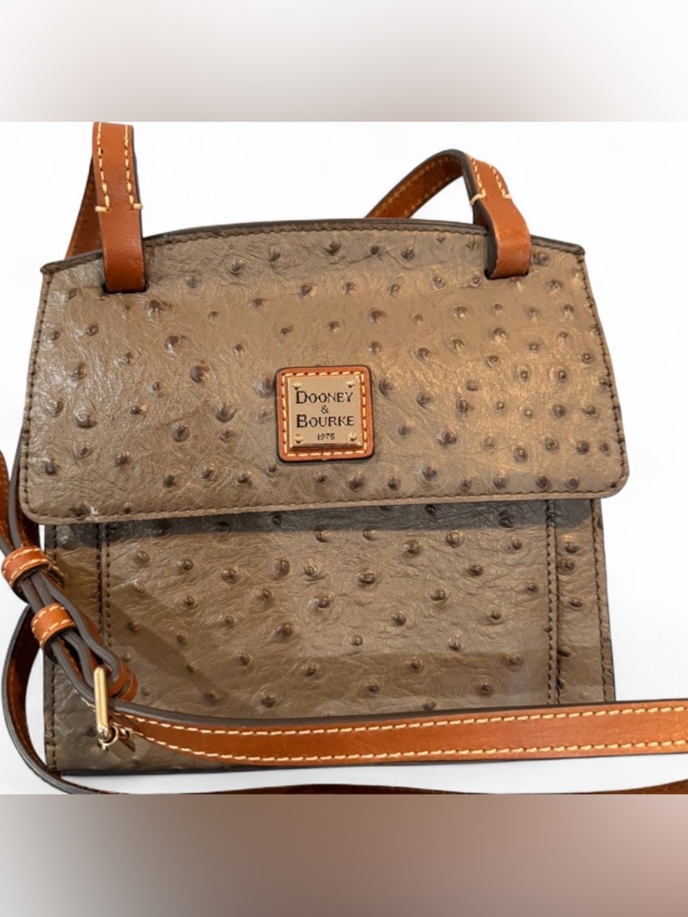 Dooney & Bourke Taupe Ostrich-Embossed Crossbody with Tan Trim
